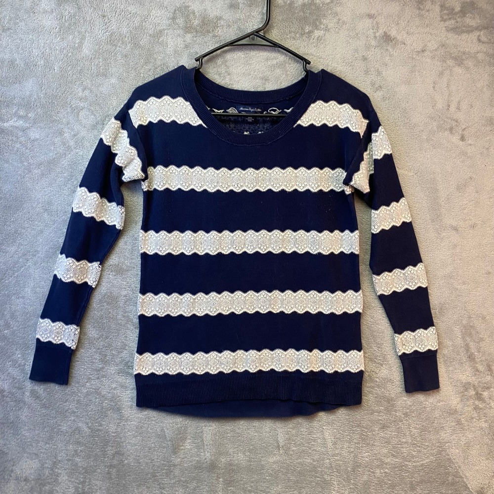 American Eagle Outfitters Navy Blue White Lace Stripe Sweater Womens XS Pullover